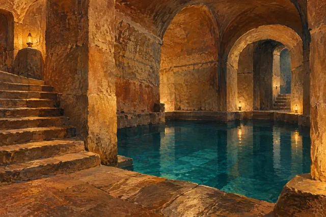Conceptual gouache illustration of a tuff chamber with stone steps, an arched passage and a small blue cistern.