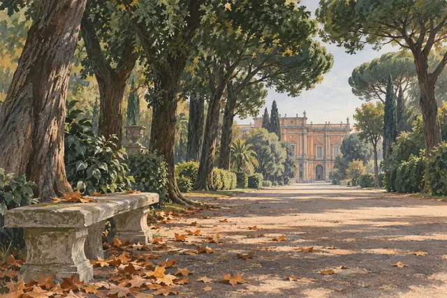 Gouache illustration of a shaded avenue, stone bench and distant palace inspired by Naples’ Real Bosco di Capodimonte.