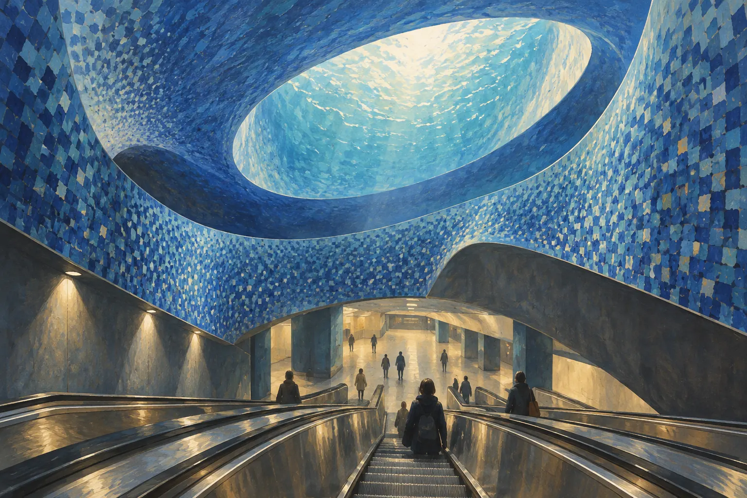 Interpretive gouache of blue tiled walls, an overhead light opening and escalators in a contemporary Naples metro station.