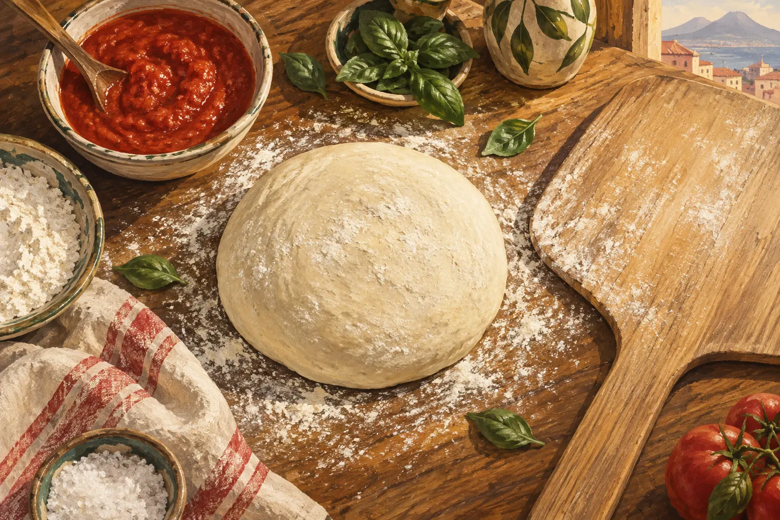 Gouache illustration of pizza dough, flour, tomato sauce, basil and a wooden peel on a warm kitchen worktable.