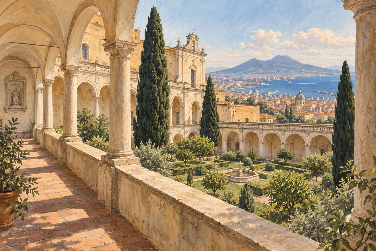 Watercolor interpretation of a pale stone cloister, cypress trees and a formal garden above Naples and its bay.